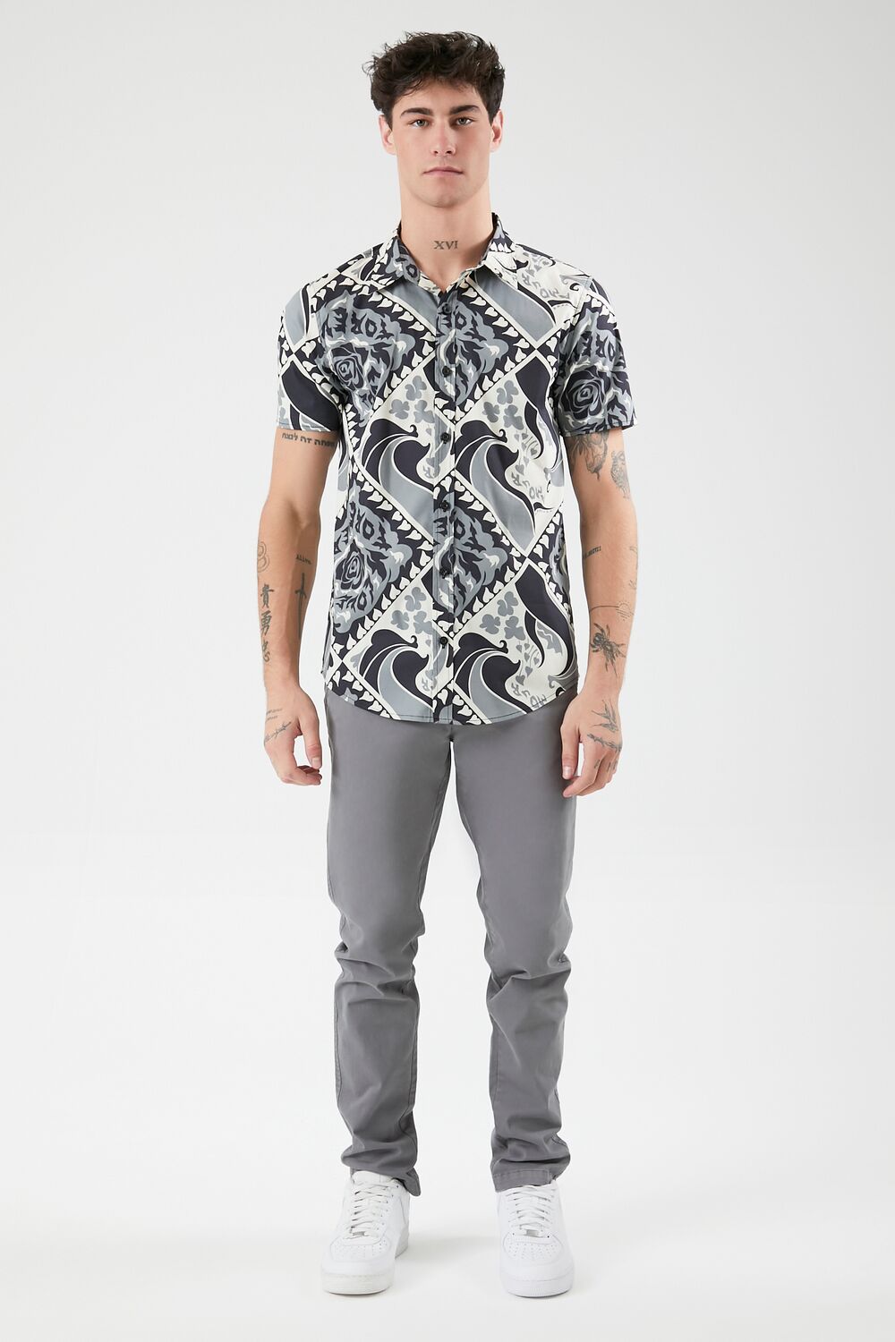 Forever 21 Ornate Print Curved-Hem Shirt - grey multi - Bonton