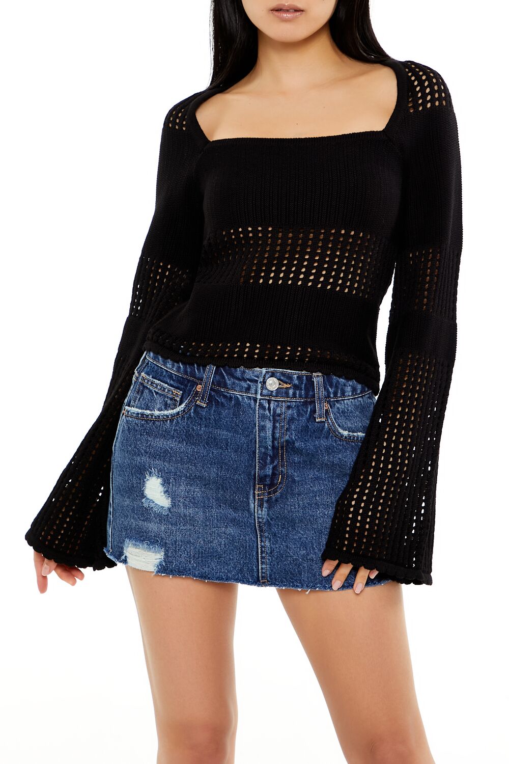  Forever 21 Open-Knit Bell-Sleeve Sweater - black - Bonton
