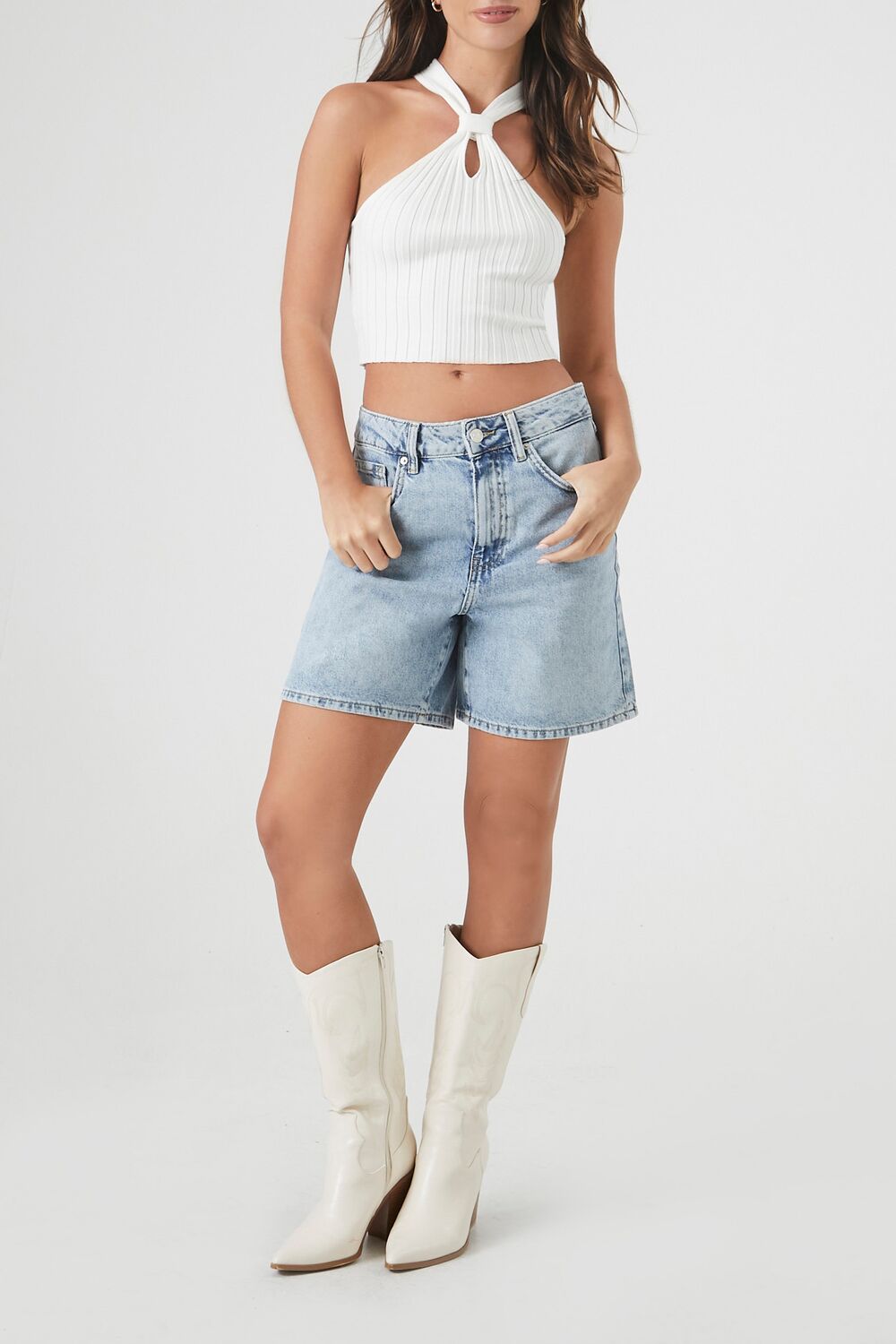  Forever 21 Ribbed Knit Halter Crop Top - white - Bonton