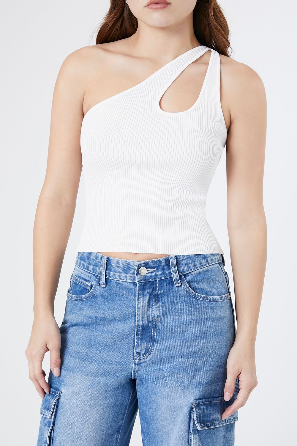  Forever 21 Sweater-Knit One-Shoulder Crop Top - white - Bonton
