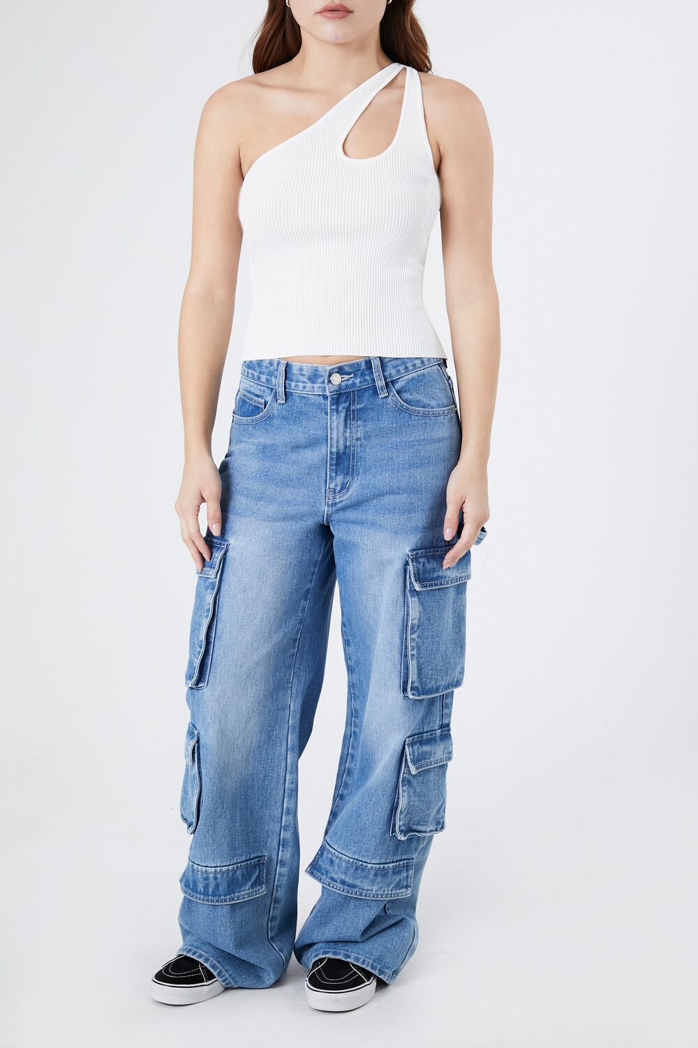  Forever 21 Sweater-Knit One-Shoulder Crop Top - white - Bonton