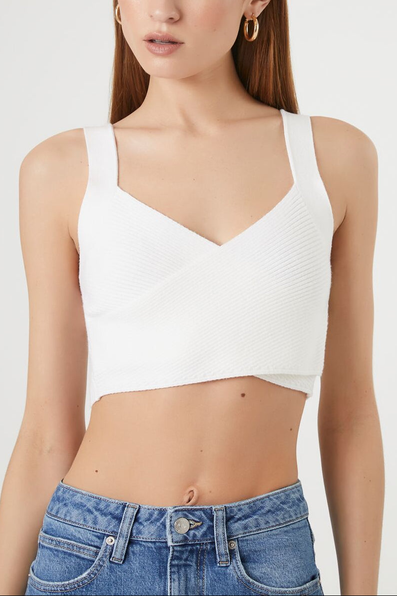  Forever 21 Sweater-Knit Crossover Crop Top - white - Bonton