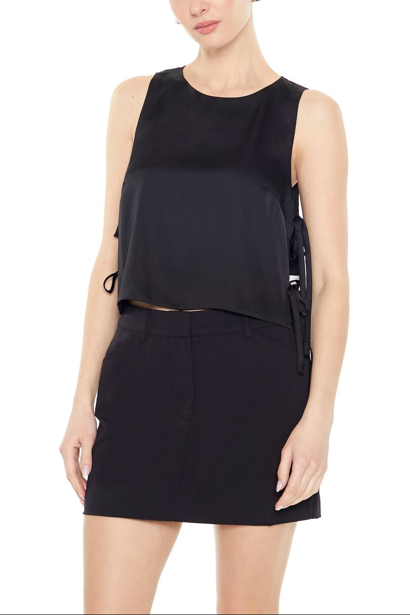  Forever 21 Satin Sleeveless Bow Top - black - Bonton