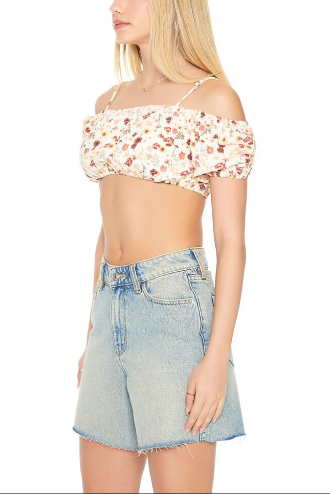  Forever 21 Floral Print Open-Shoulder Crop Top - copper multi - Bonton