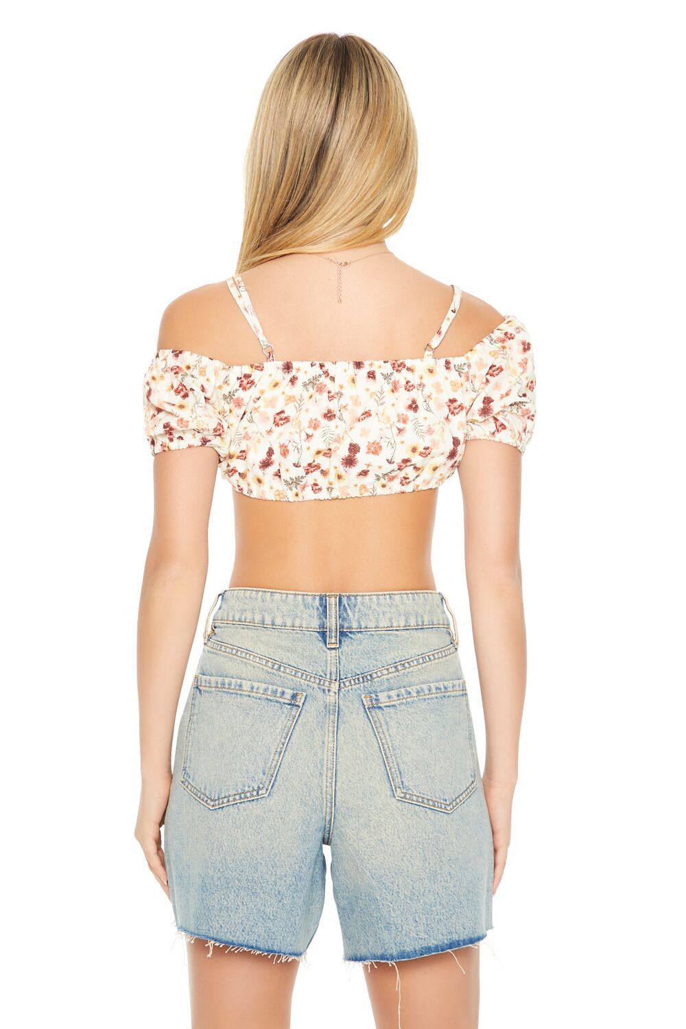 Forever 21 Floral Print Open-Shoulder Crop Top - copper multi - Bonton