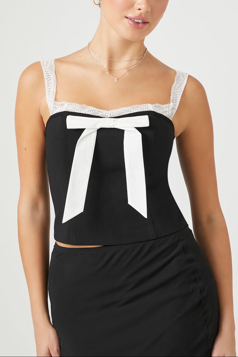  Forever 21 Bow Lace-Trim Cami - black white - Bonton