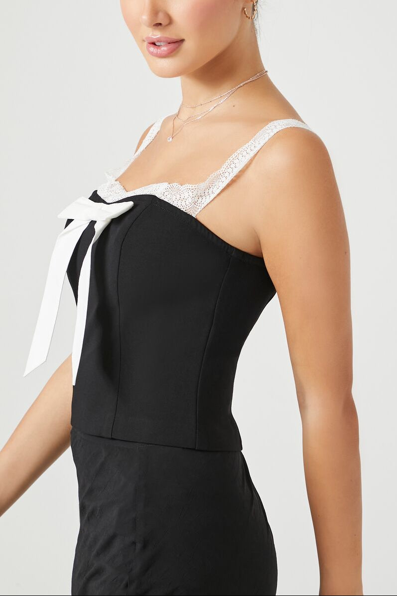  Forever 21 Bow Lace-Trim Cami - black white - Bonton