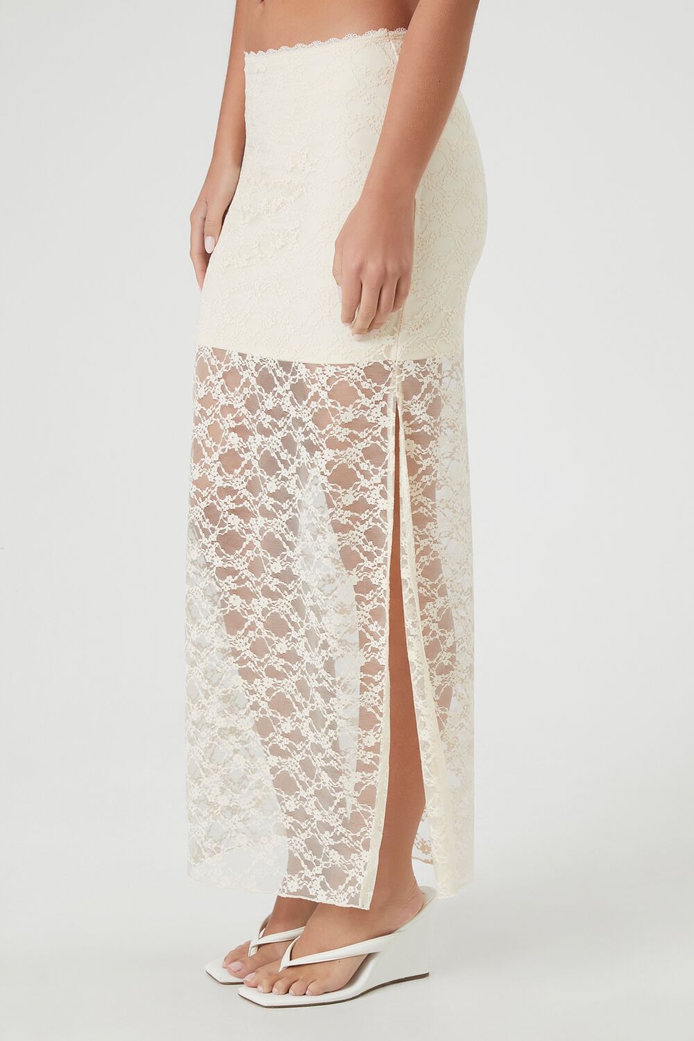  Forever 21 Lace Column Maxi Slit Skirt - cream - Bonton
