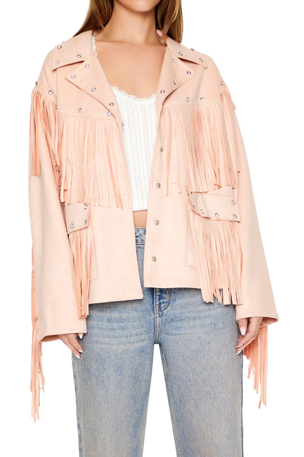  Forever 21 Fringe Faux Suede & Gem Jacket - adobe-rose-swatch - Bonton