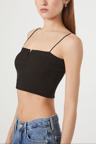 Notched Rib-Knit Cropped Cami