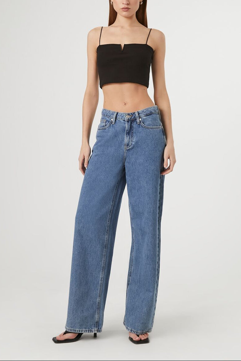  Forever 21 Notched Rib-Knit Cropped Cami - black - Bonton