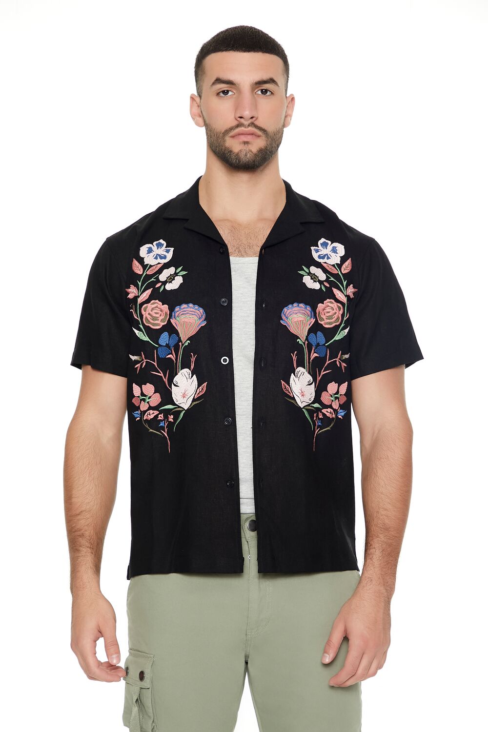  Forever 21 Linen-Blend Embroidered Shirt - black multi - Bonton