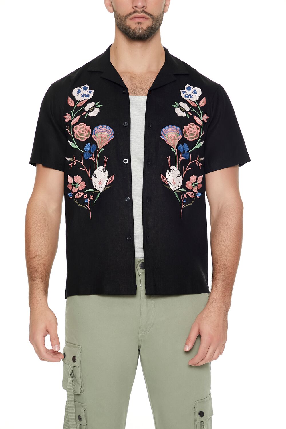  Forever 21 Linen-Blend Embroidered Shirt - black multi - Bonton