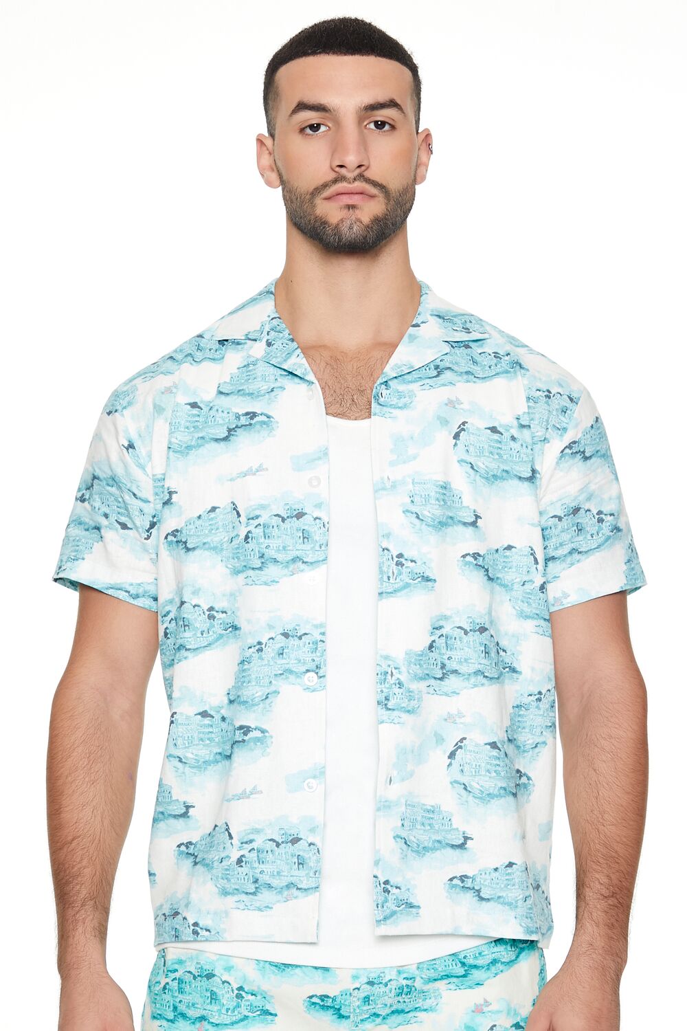  Forever 21 Linen-Blend Cityscape Print Shirt - mint multi - Bonton
