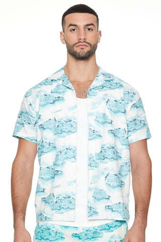 Linen-Blend Cityscape Print Shirt