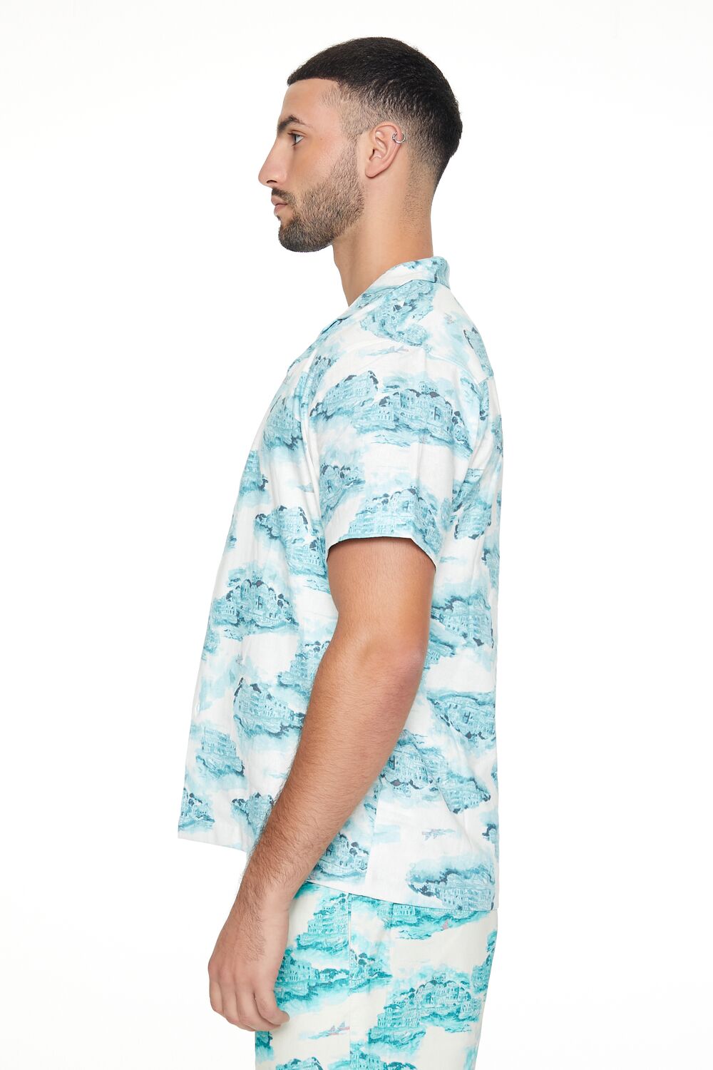  Forever 21 Linen-Blend Cityscape Print Shirt - mint multi - Bonton