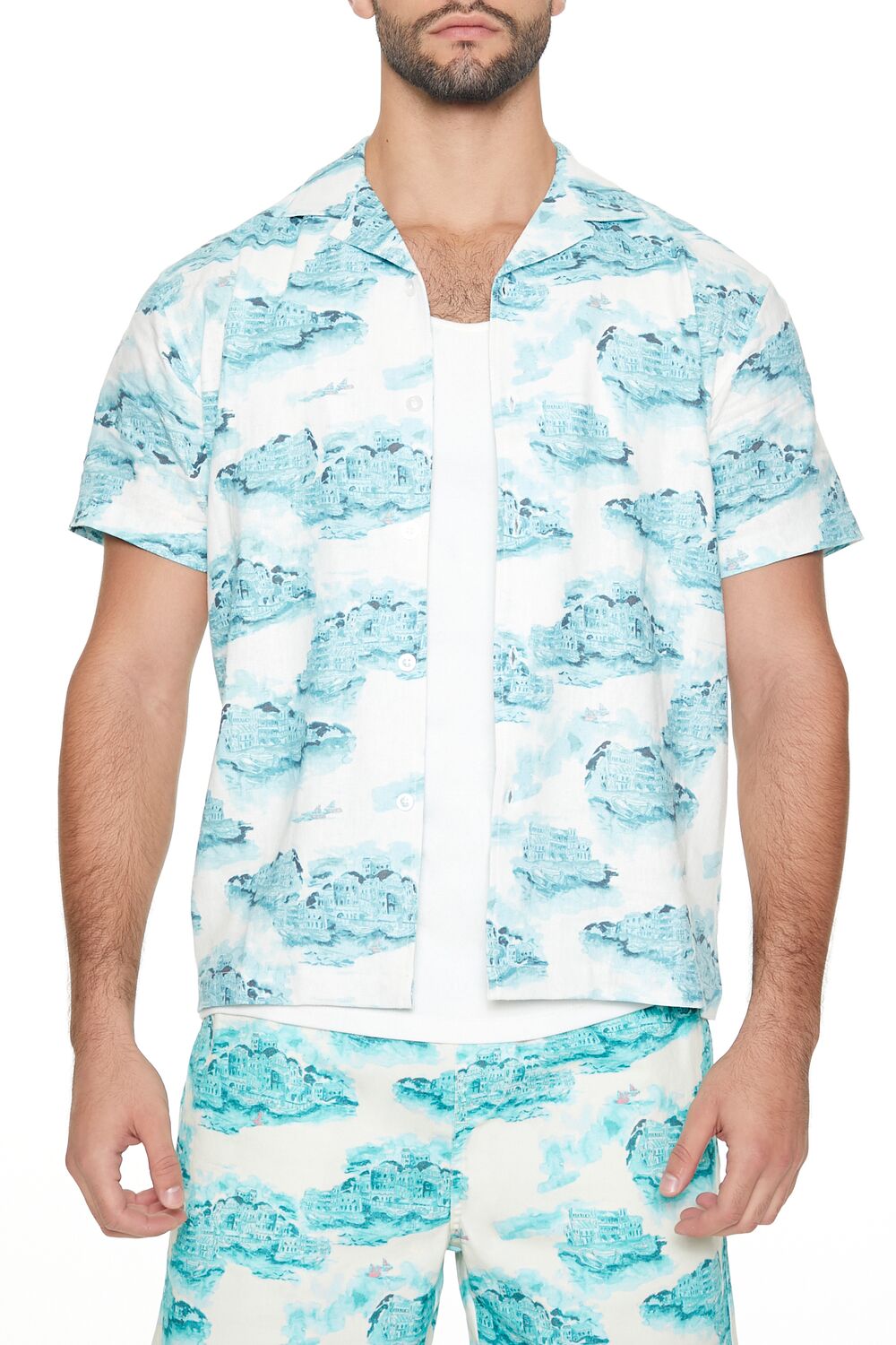  Forever 21 Linen-Blend Cityscape Print Shirt - mint multi - Bonton