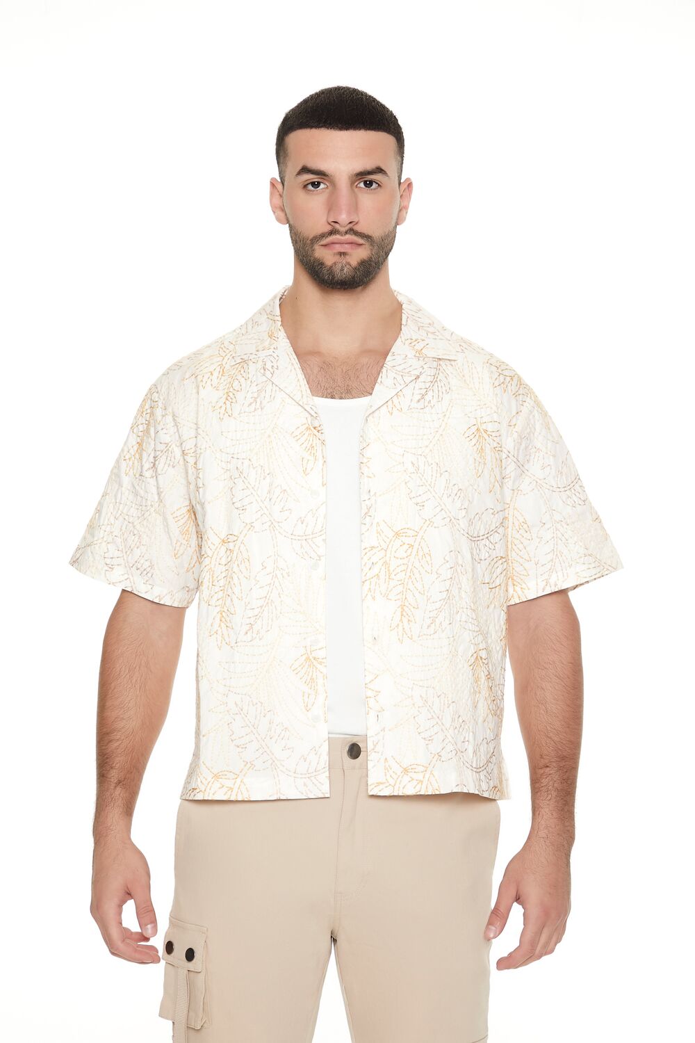  Forever 21 Cropped Embroidered Leaf Print Shirt - cream taupe - Bonton
