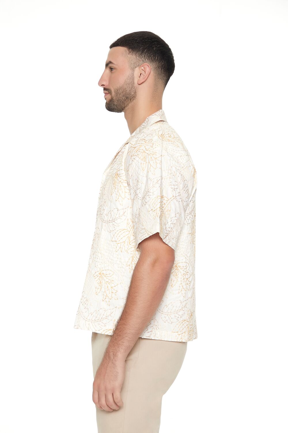 Forever 21 Cropped Embroidered Leaf Print Shirt - cream taupe - Bonton