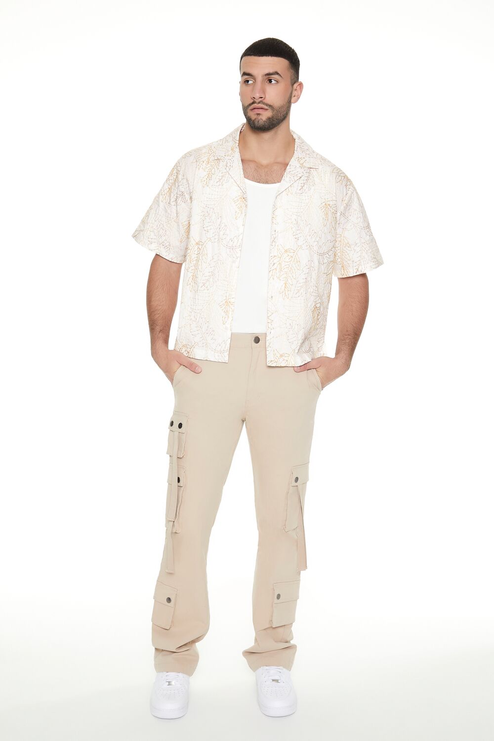  Forever 21 Cropped Embroidered Leaf Print Shirt - cream taupe - Bonton