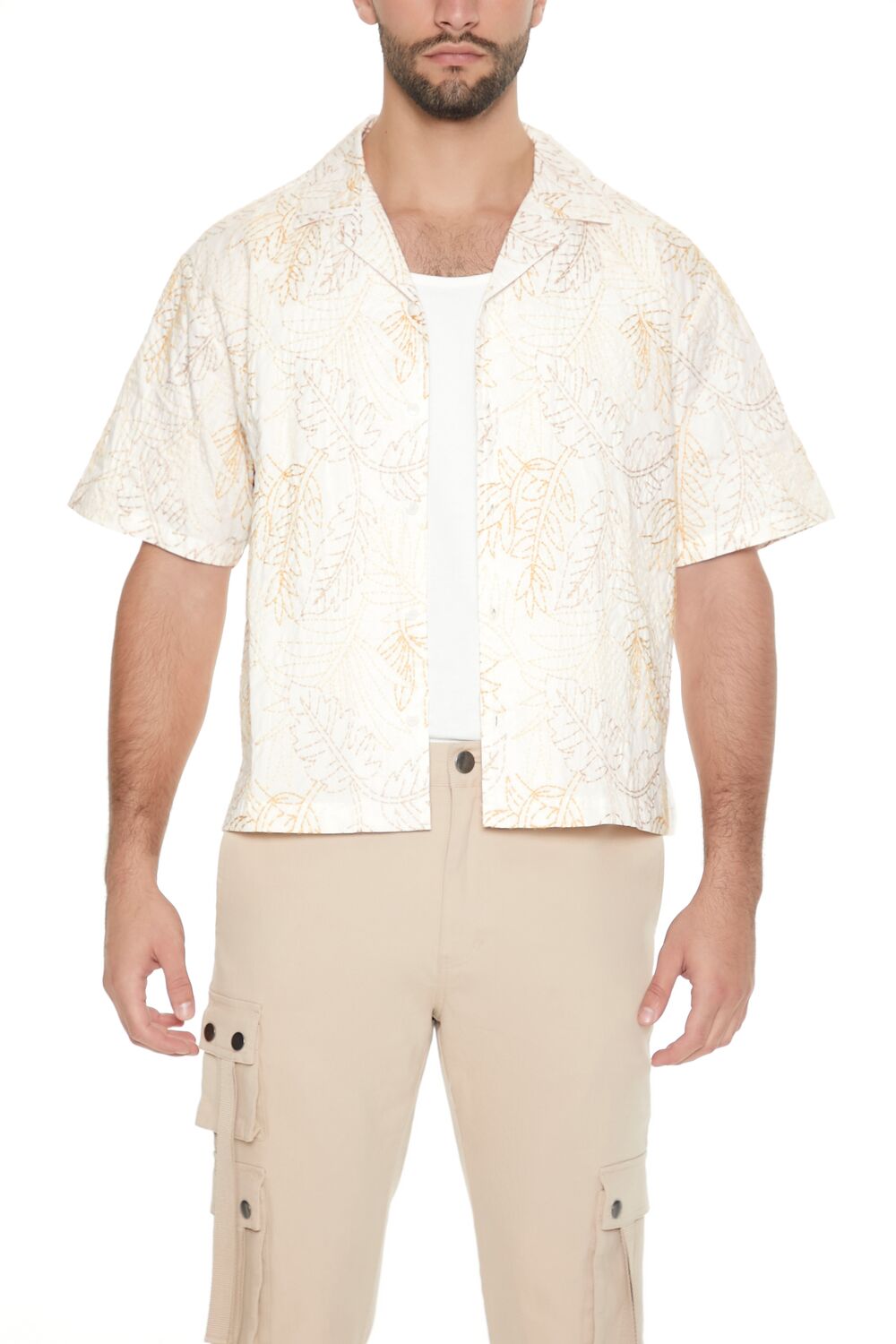  Forever 21 Cropped Embroidered Leaf Print Shirt - cream taupe - Bonton