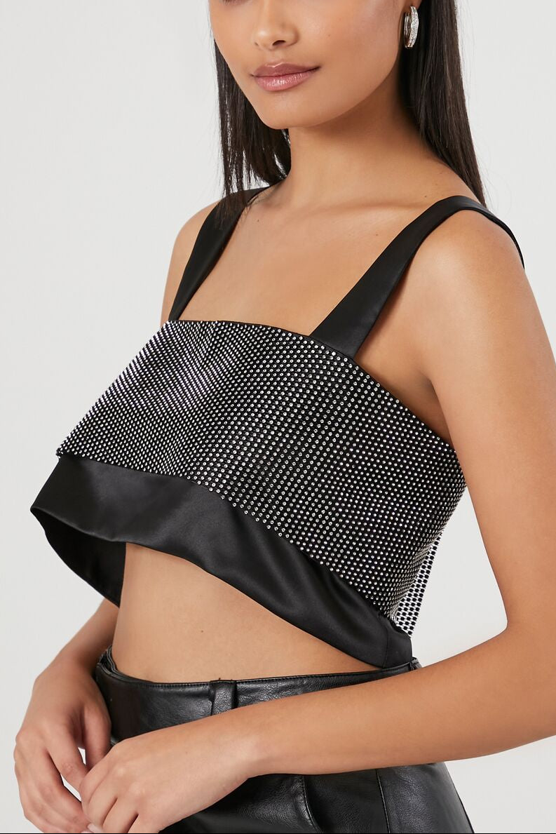  Forever 21 Satin Rhinestone Crop Top - black silver - Bonton