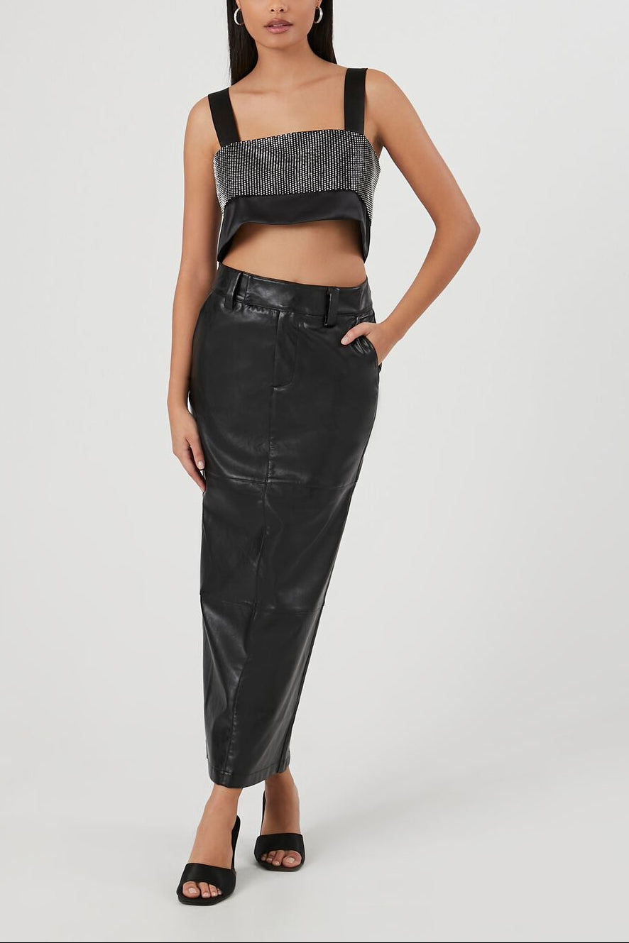  Forever 21 Satin Rhinestone Crop Top - black silver - Bonton