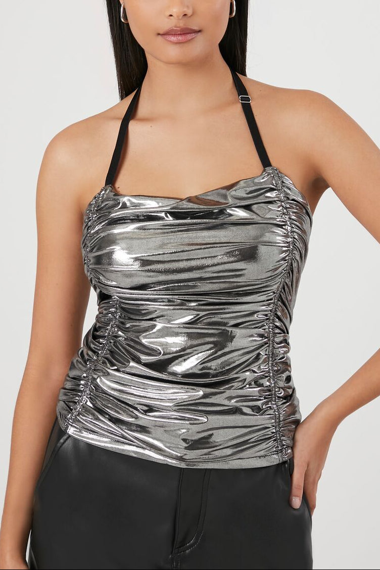  Forever 21 Metallic Ruched Halter Top - silver - Bonton