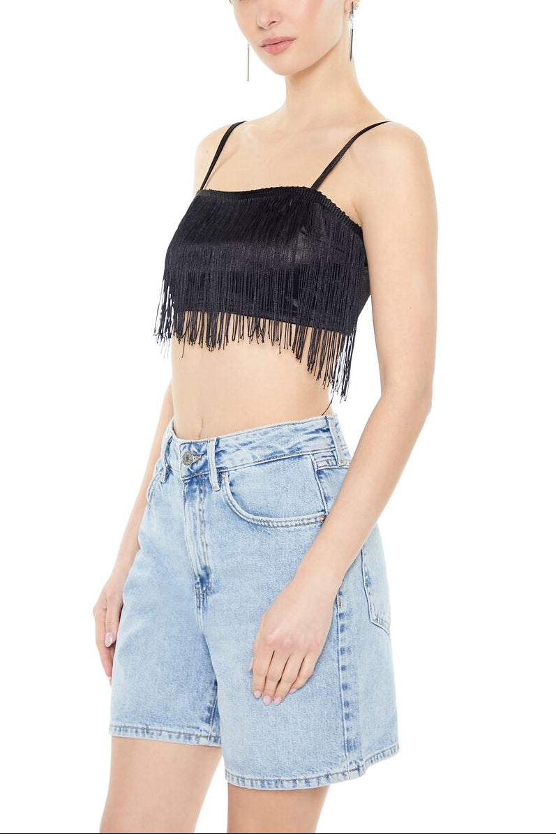  Forever 21 Satin Fringe Cropped Cami - black - Bonton