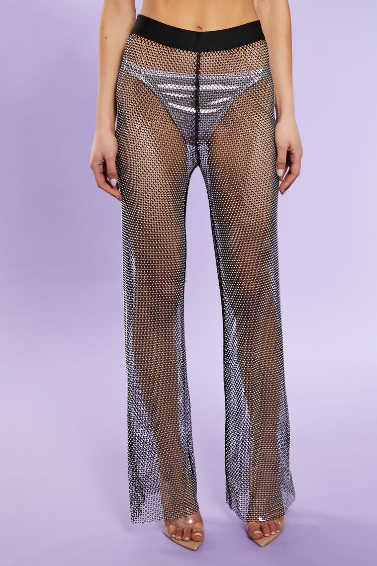  Forever 21 Rhinestone Netted Wide-Leg Pants - white - Bonton