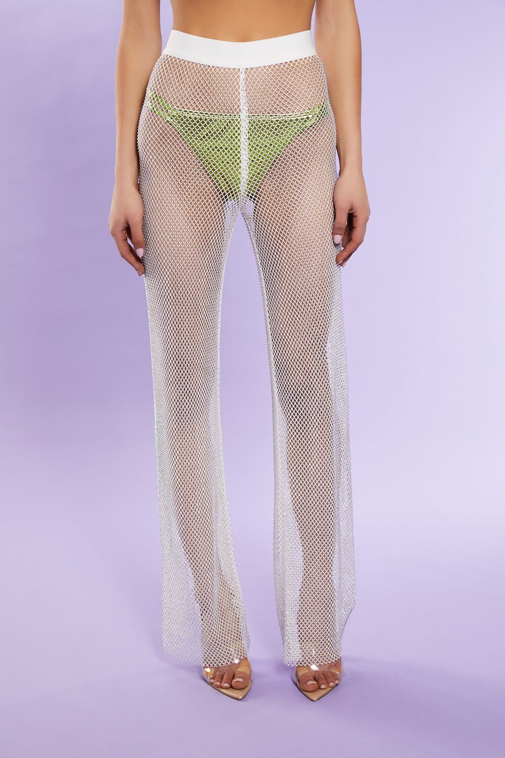  Forever 21 Rhinestone Netted Wide-Leg Pants - white - Bonton