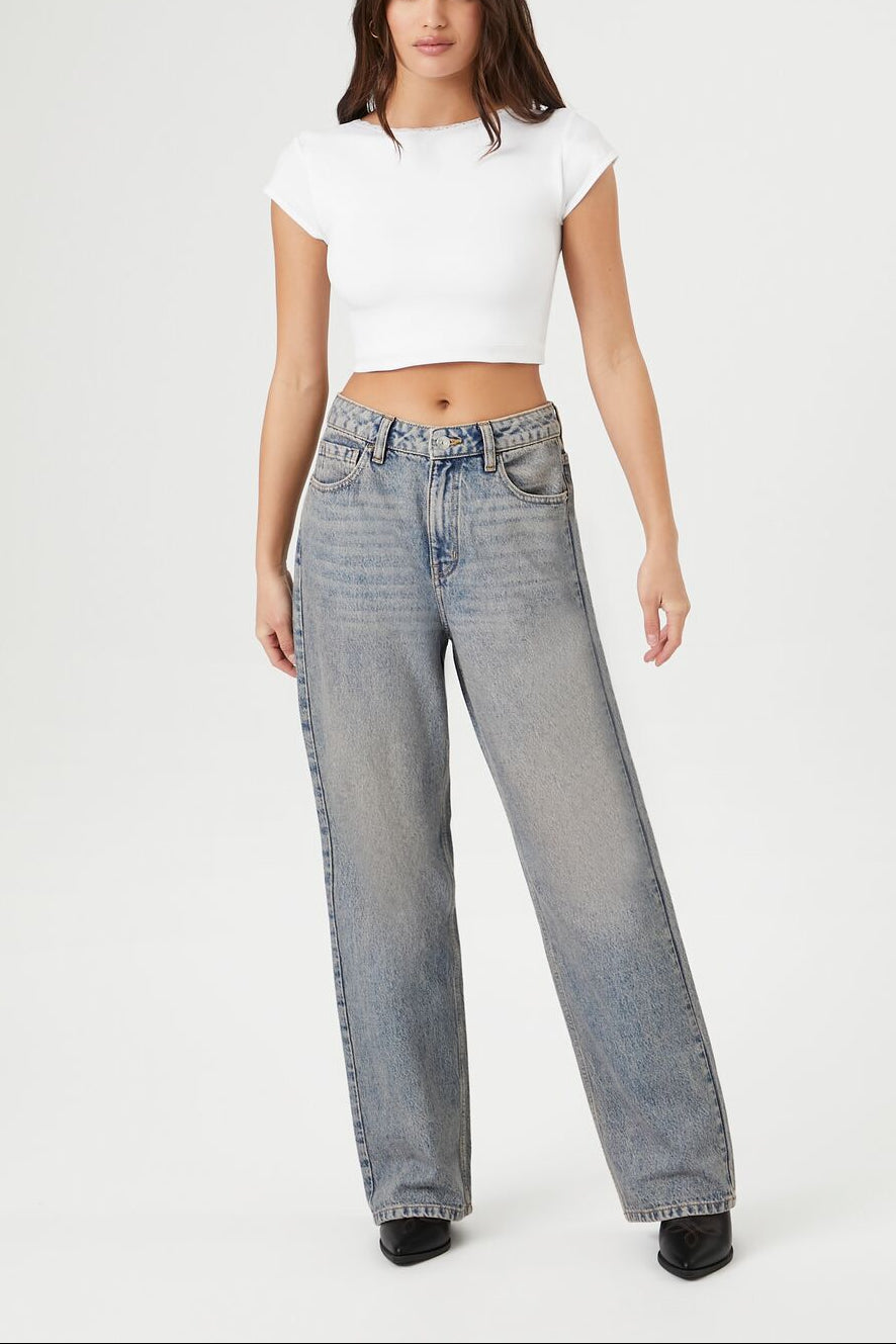 Forever 21 Seamless Lace-Trim Cropped Tee - white - Bonton