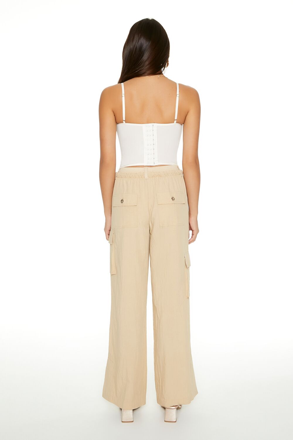  Forever 21 Drawstring Wide-Leg Cargo Pants - cream - Bonton