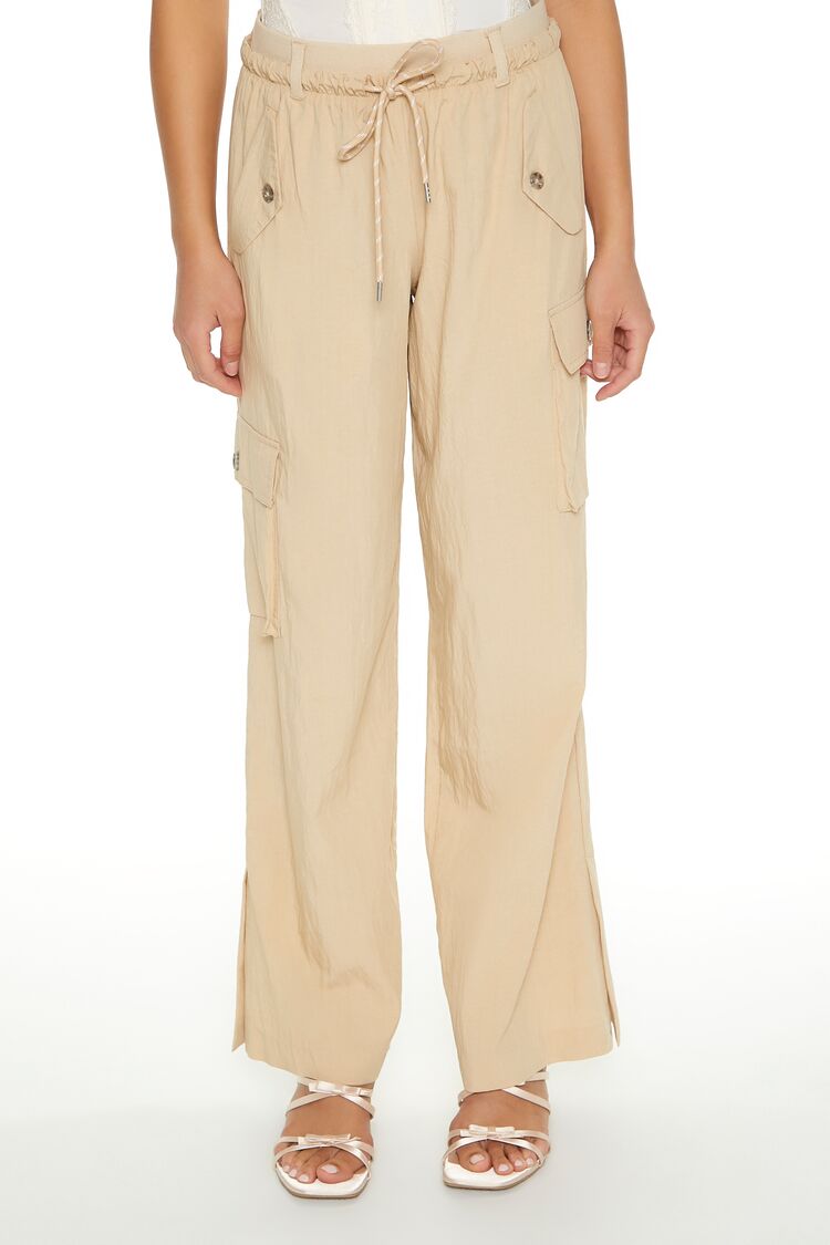  Forever 21 Drawstring Wide-Leg Cargo Pants - cream - Bonton