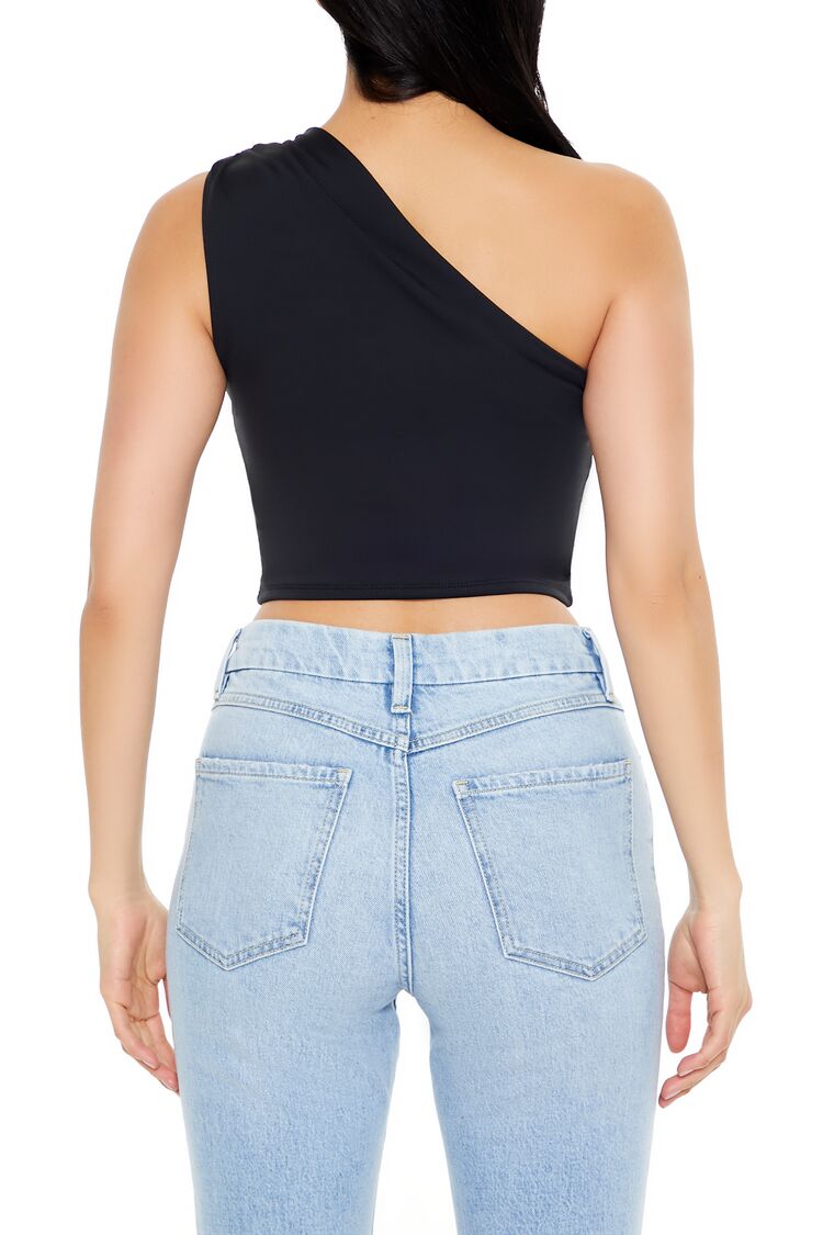  Forever 21 Ruched One-Shoulder Crop Top - black - Bonton