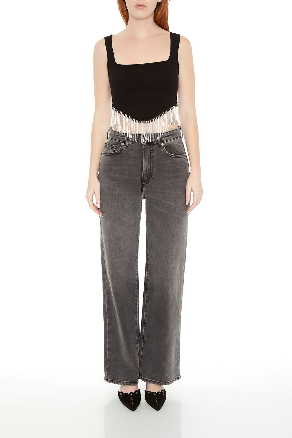  Forever 21 Rhinestone Sweater-Knit Crop Top - black - Bonton