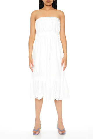 Strapless Eyelet Bow Midi Dress