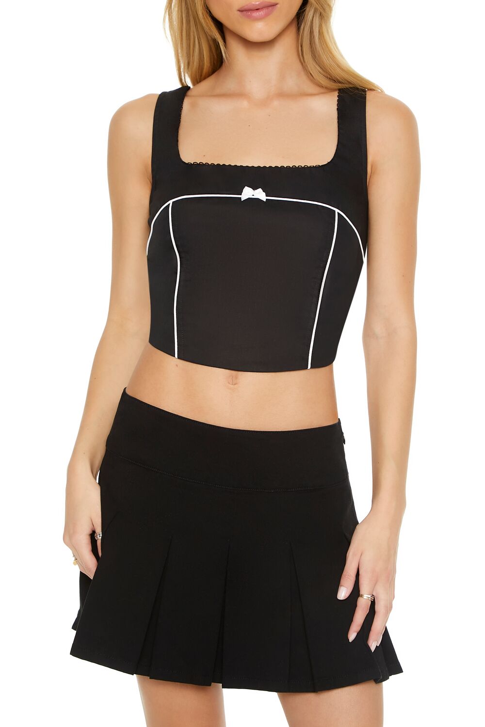  Forever 21 Bow Poplin Crop Top - black - Bonton