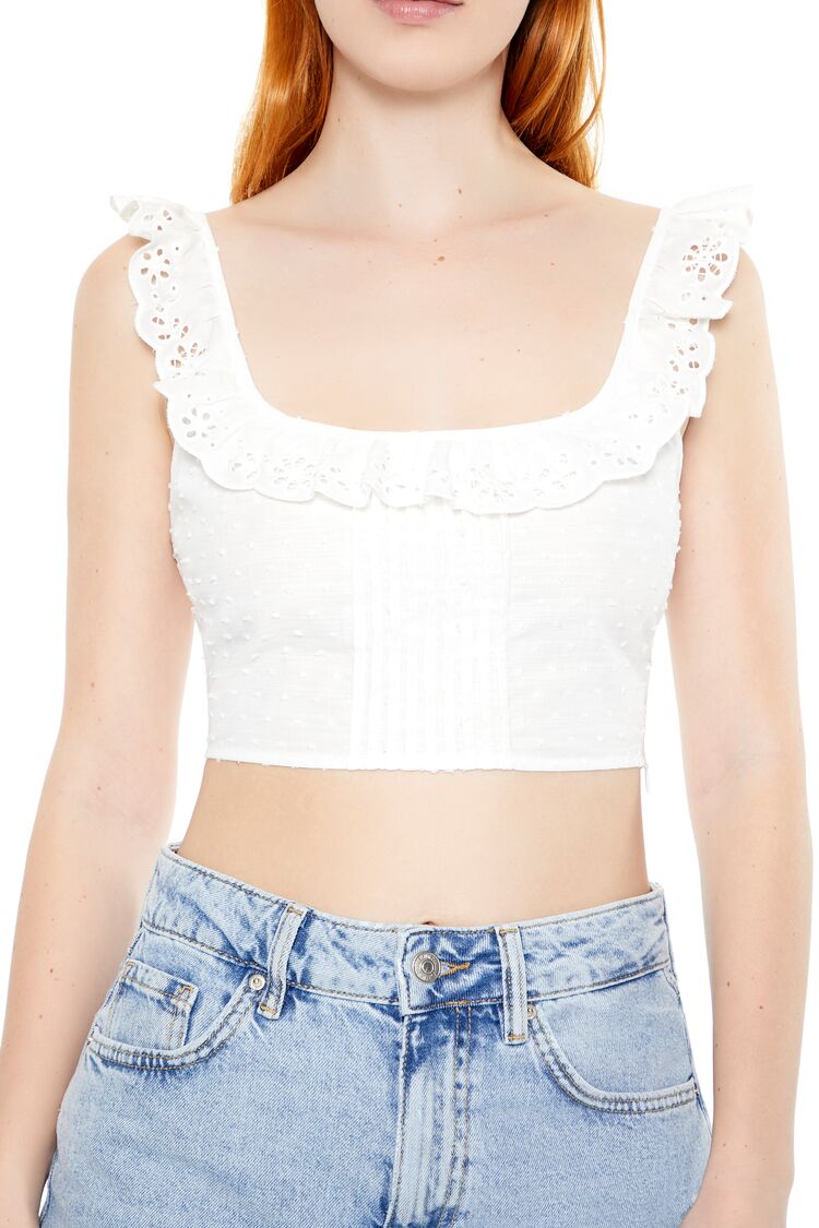  Forever 21 Eyelet Ruffle-Trim Crop Top - white - Bonton