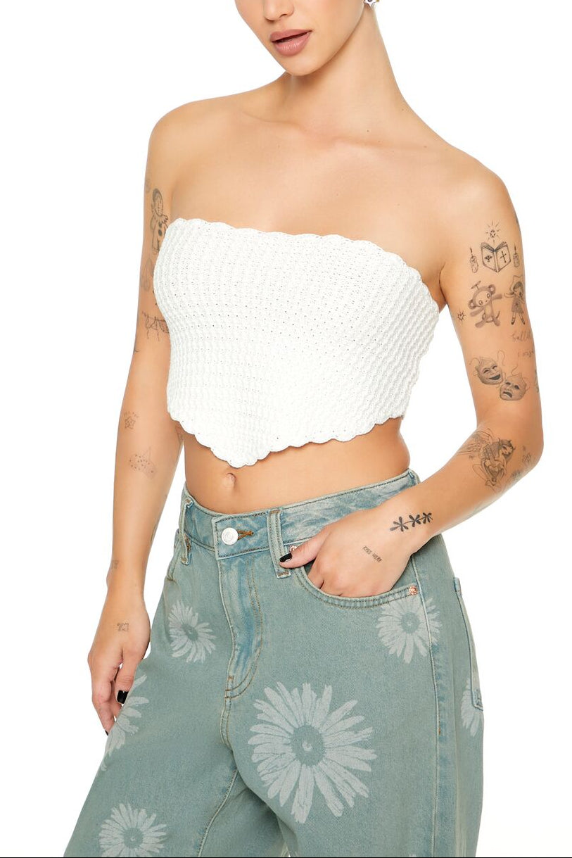 Forever 21 Crochet Sweater-Knit Tube Top - white - Bonton