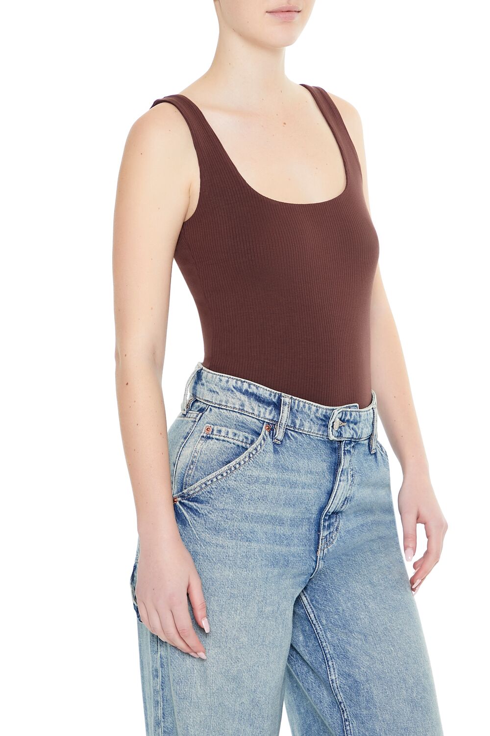  Forever 21 Textured V-Back Tank Bodysuit - white - Bonton