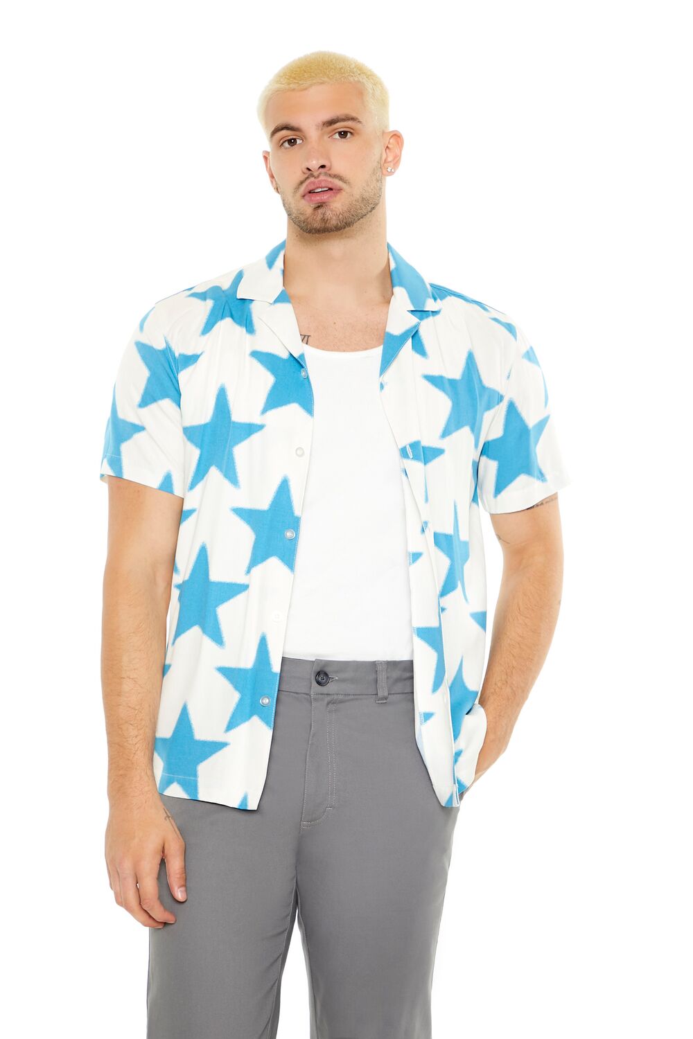 Forever 21 Star Print Button-Up Shirt - cream turquoise - Bonton
