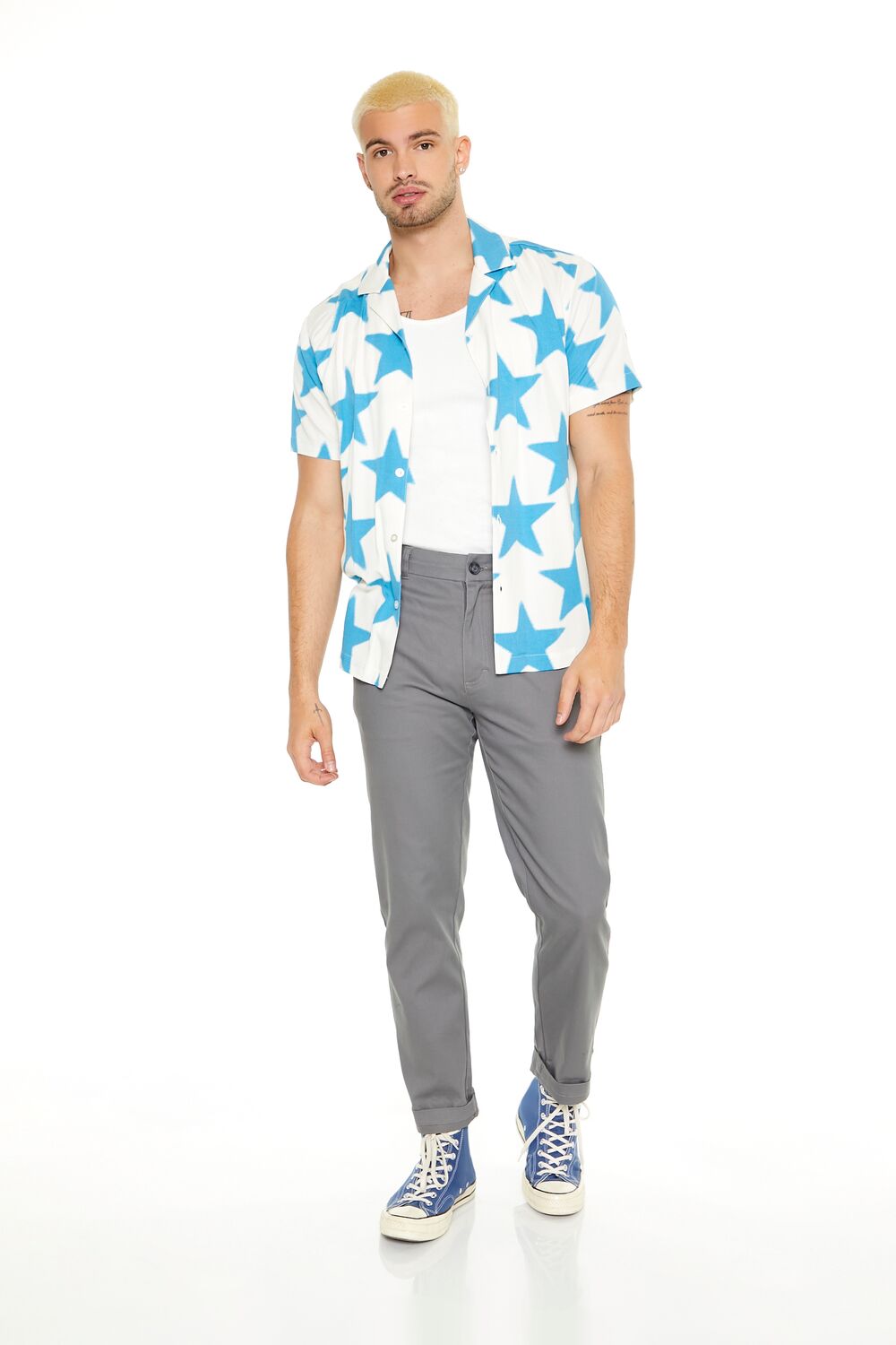  Forever 21 Star Print Button-Up Shirt - cream turquoise - Bonton