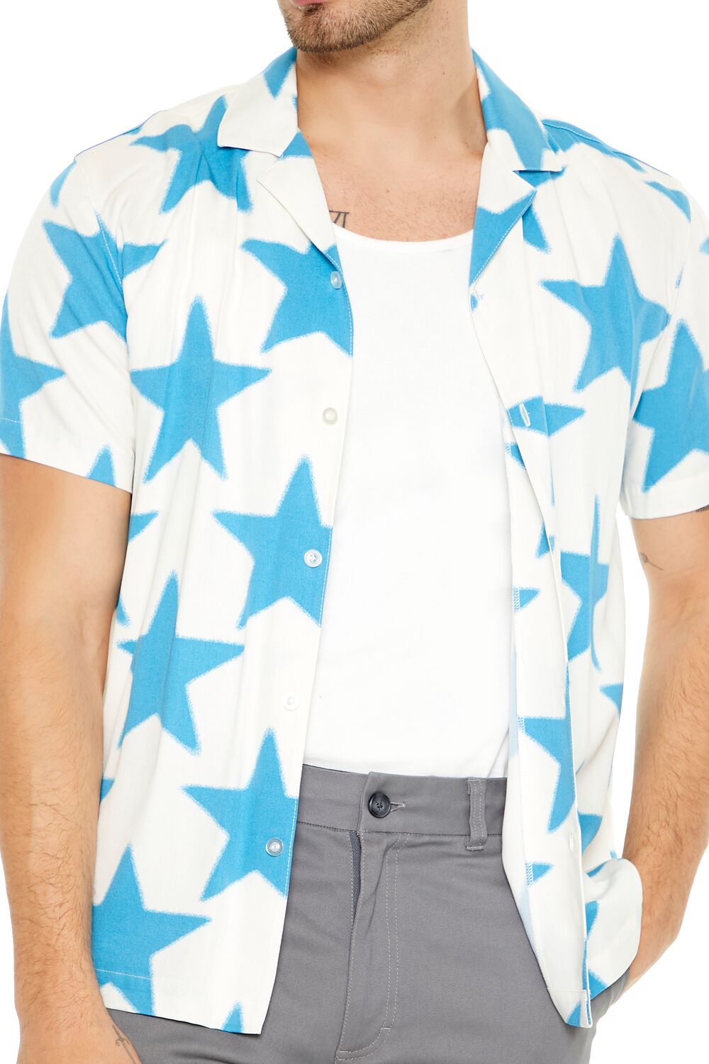  Forever 21 Star Print Button-Up Shirt - cream turquoise - Bonton