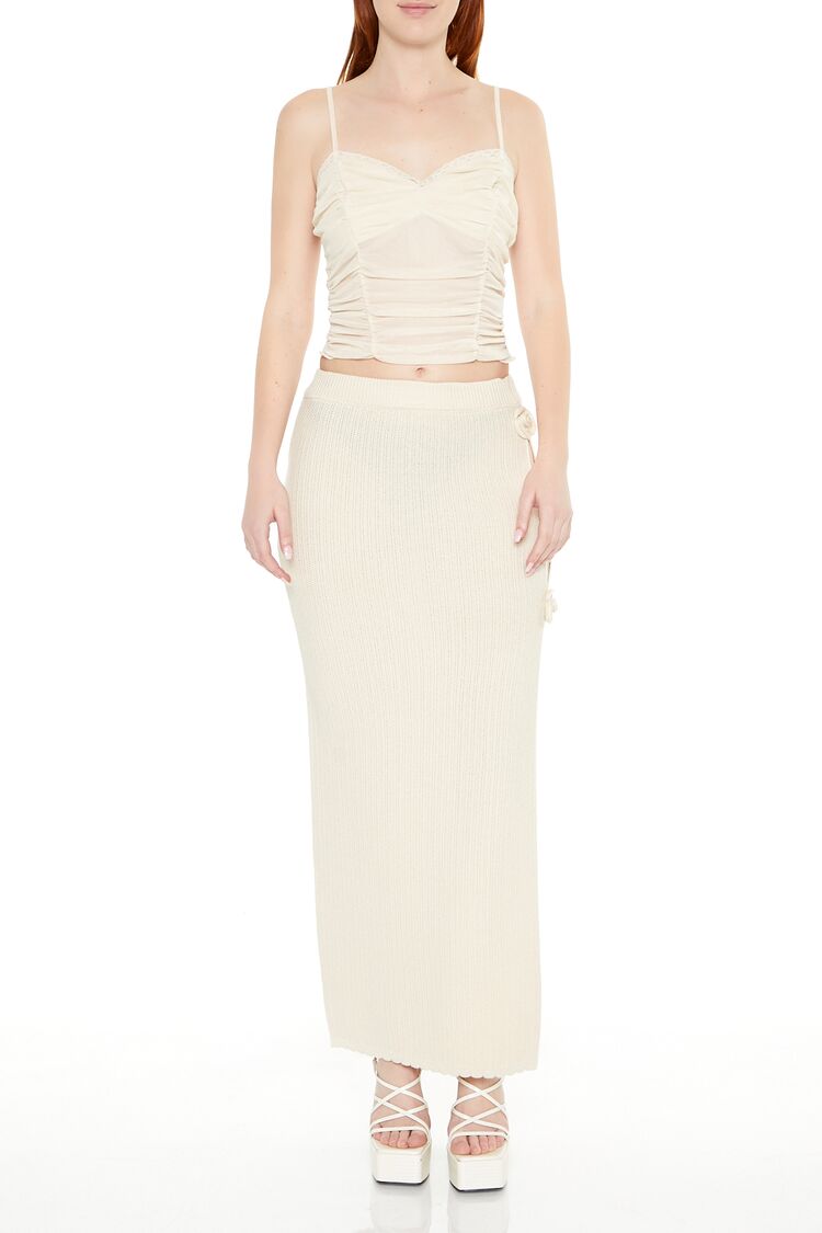 Forever 21 Lace-Trim Ruched Mesh Cami - taupe - Bonton