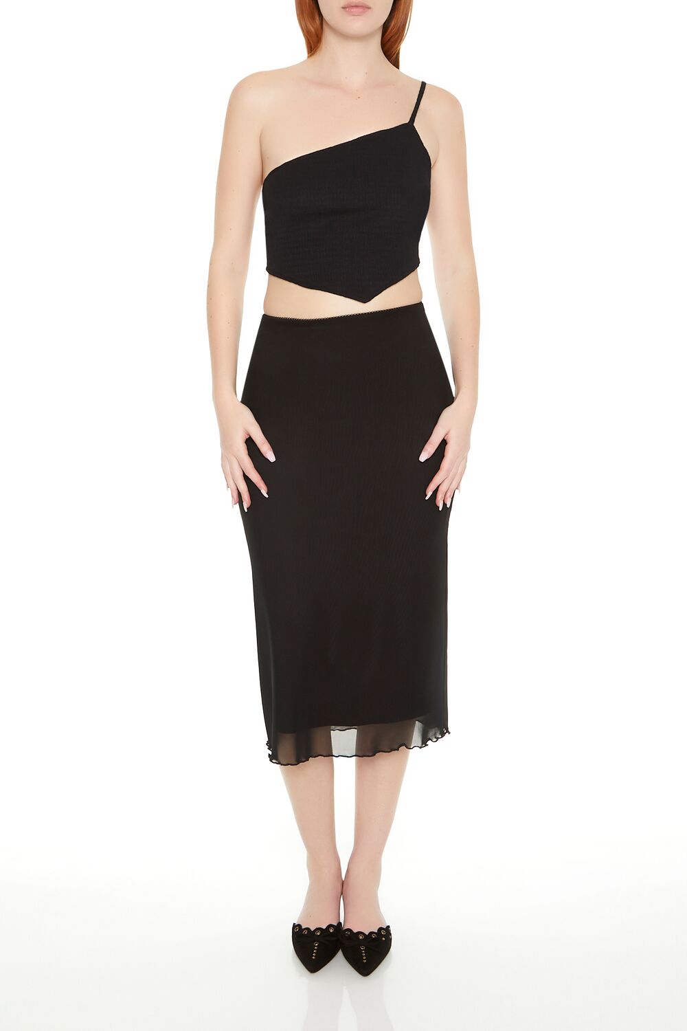  Forever 21 Textured One-Shoulder Crop Top - black - Bonton