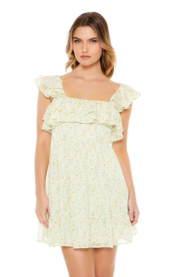  Forever 21 Ditsy Floral Ruffle Mini Dress - sage-multi - Bonton