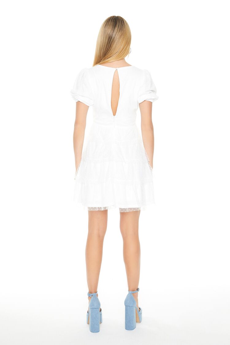  Forever 21 Clip-Dot Puff-Sleeve Mini Dress - white - Bonton