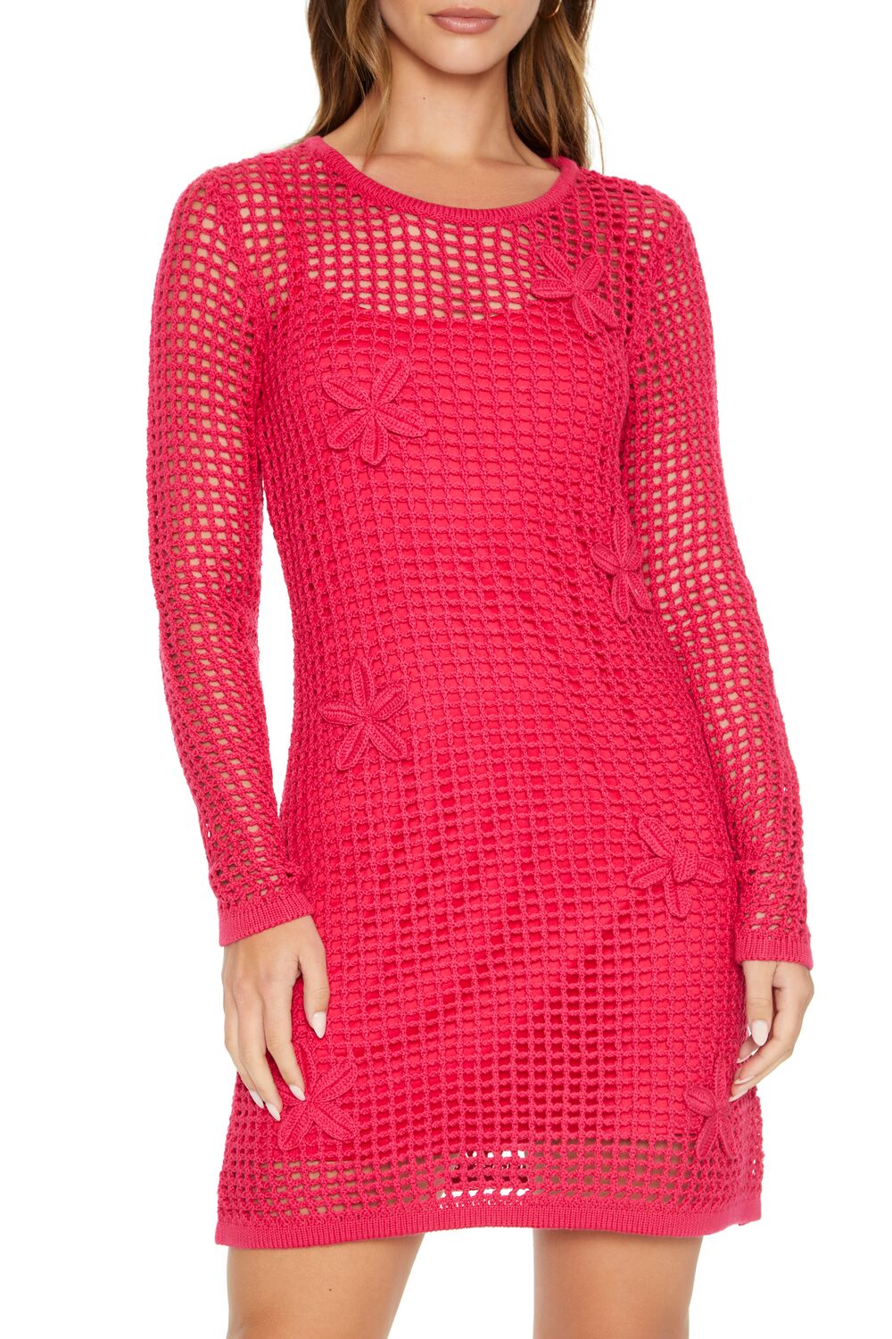  Forever 21 Crochet Flower Combo Dress - hot-pink - Bonton