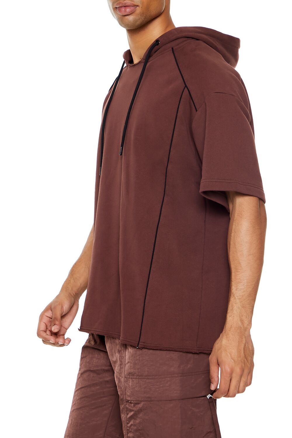  Forever 21 Piped-Trim Short-Sleeve Hoodie - chocolate black - Bonton